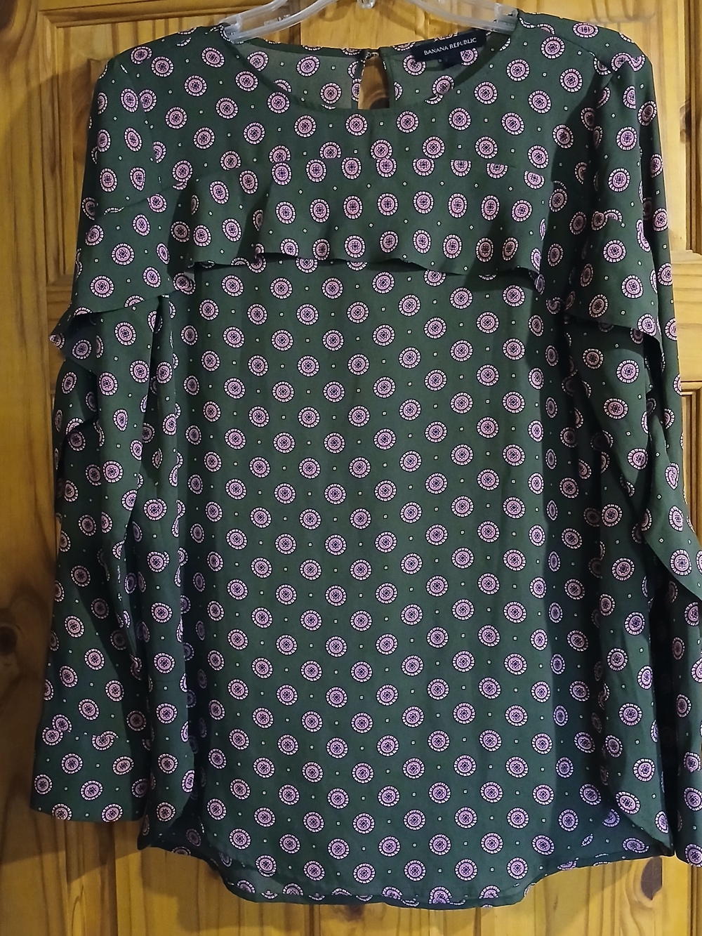 Banana Republic Green Blouse with Pink Medallion Print